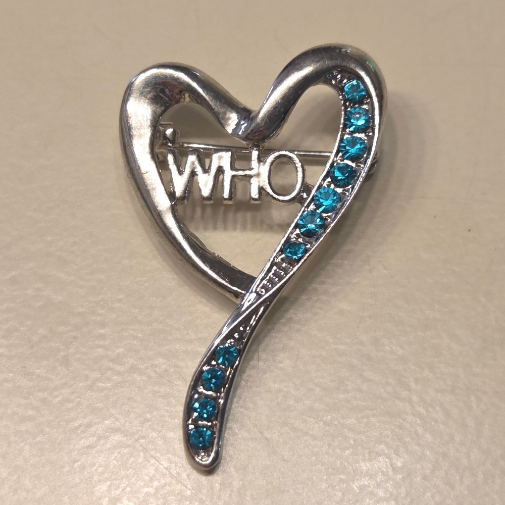 WHO Heart Brooch Silver‎ Tone Turquoise Blue Rhinestone Awareness Pin 1.5 Inch